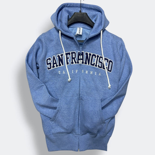 Premium Unisex Indigo Blue Fleece Zip Hoodie  Sanfrancisco California Print
