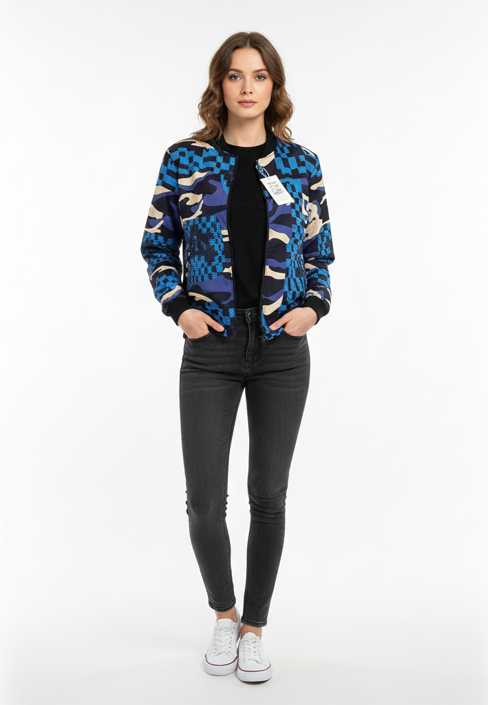 Women Blue Camo Fur-Lined Jacket
