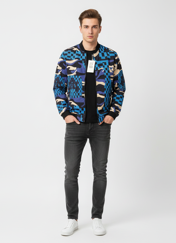 Men Blue Camo Fur-Lined Jacket