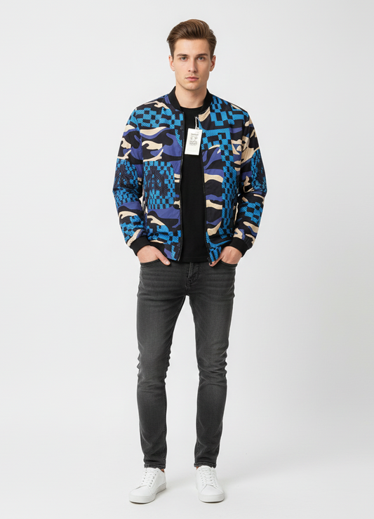 Men Blue Camo Fur-Lined Jacket